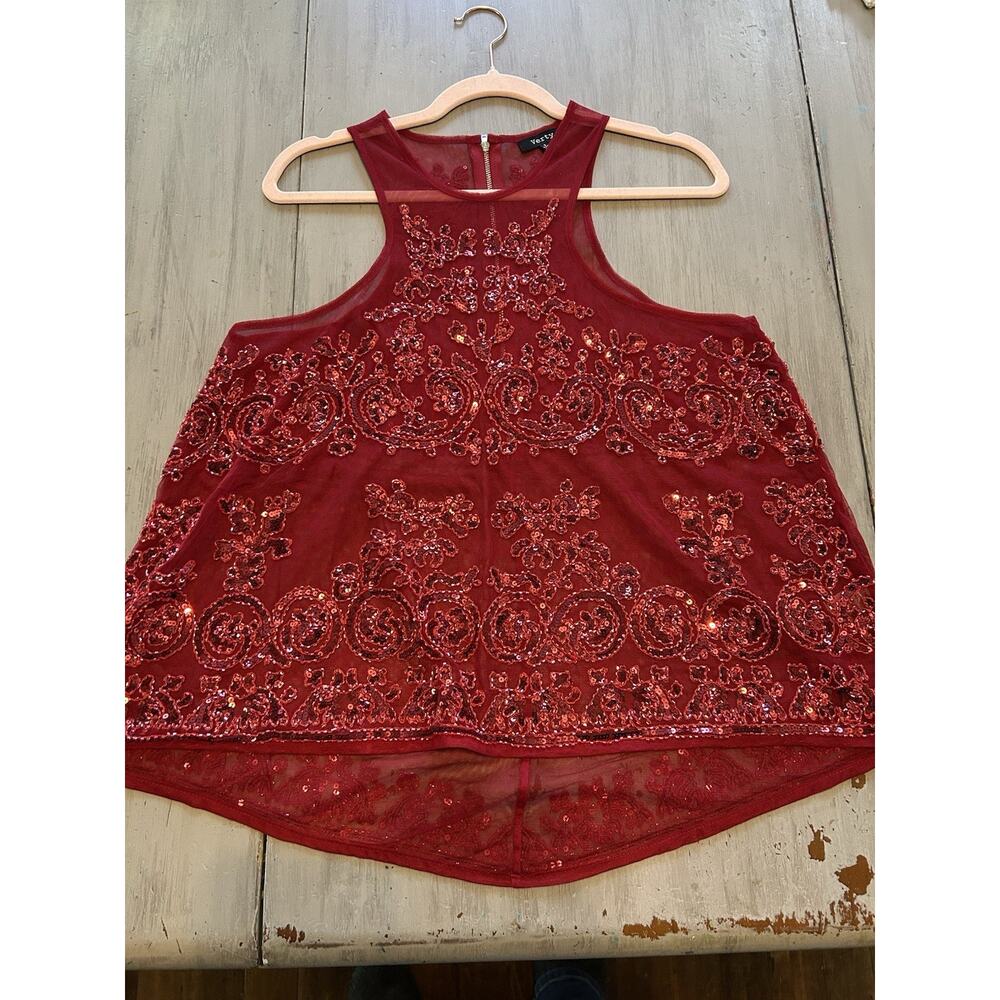 Vtg Verty Red Paisley Beaded Sequin Sheer Tank Top Sz L Y2K Festival